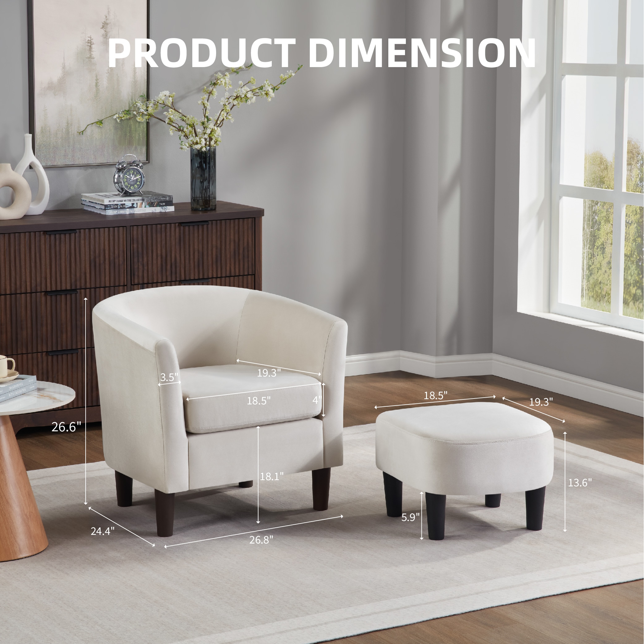 Velvet Accent Chair with Ottoman, Modern Barrel Chair Armchair for Living Room, Bedroom, White